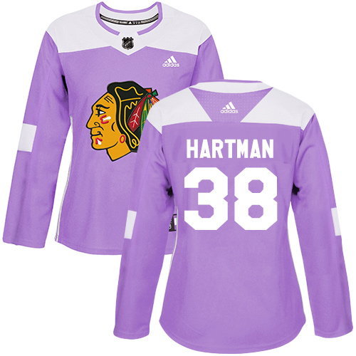 Adidas Blackhawks #38 Ryan Hartman Purple Authentic Fights Cancer Women's Stitched NHL Jersey - Click Image to Close